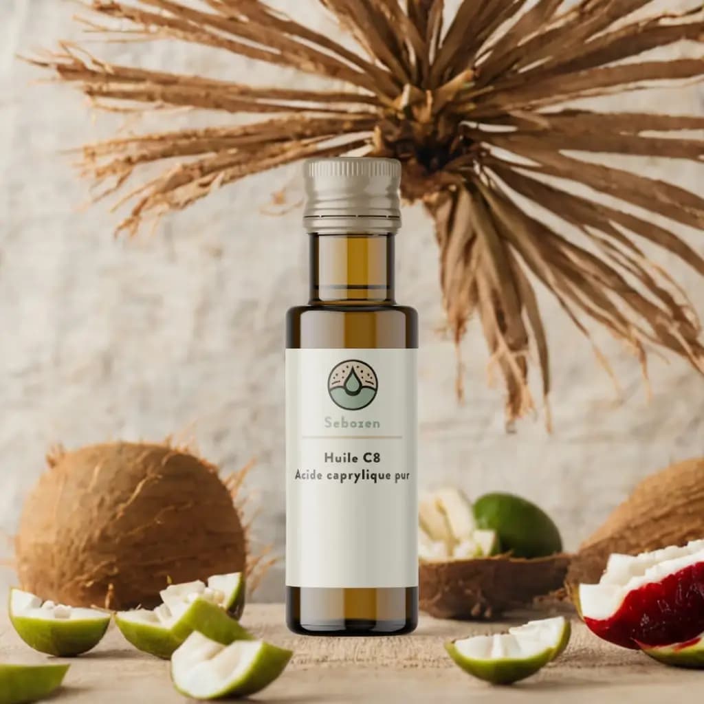 huile mct c8 entourée de noix de coco avec lesquelles elle est fabriquée. 100% acide caprylique sans acide laurique