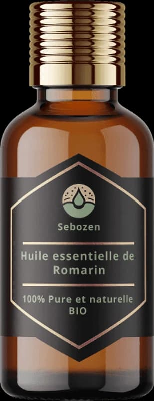 Flacon d'huile essentielle de romarin Sebozen, verre ambré et capsule dorée
