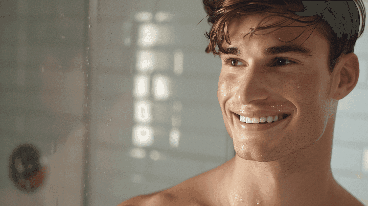 Homme au teint net et lumineux, après la douche