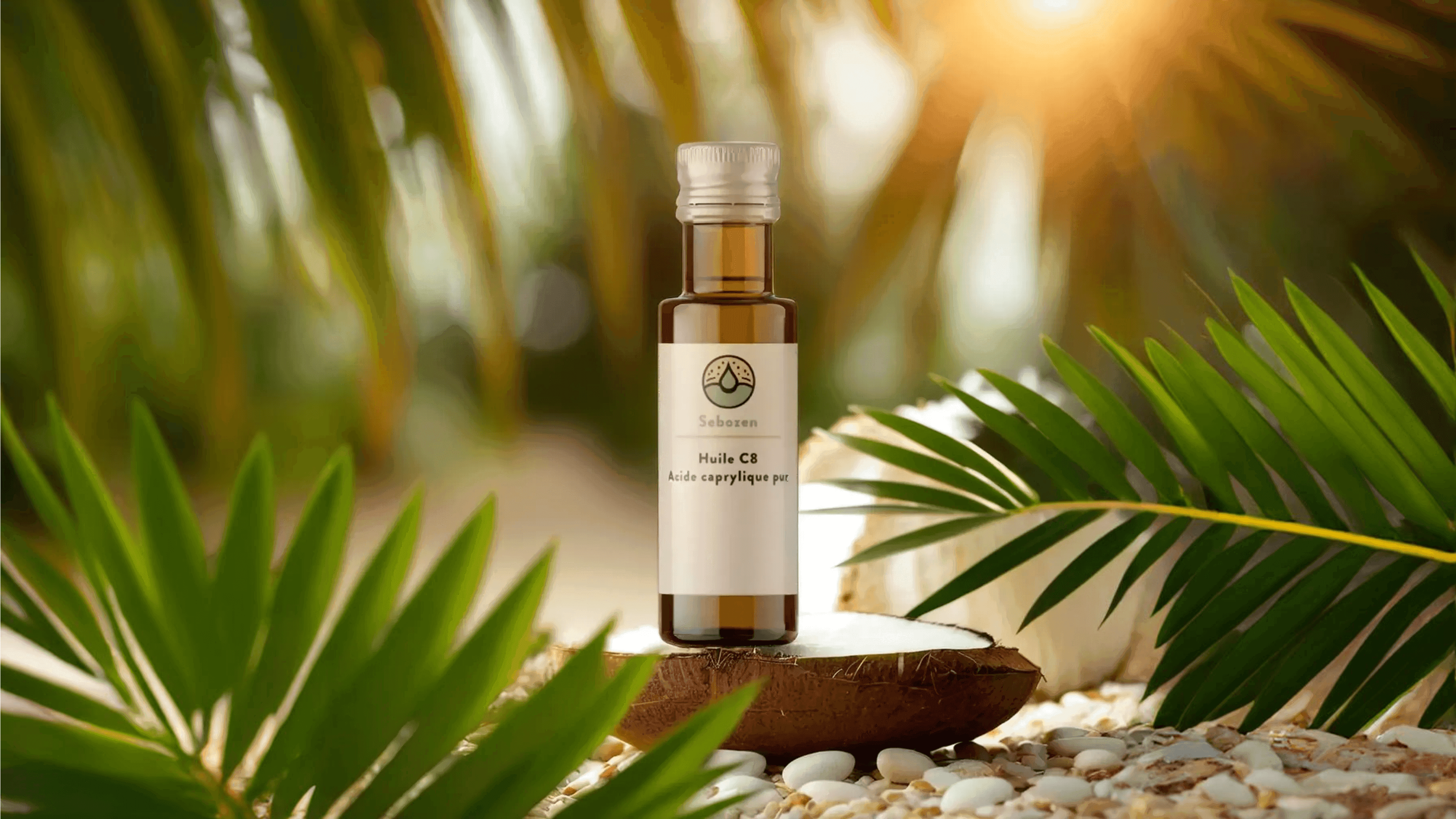 Flacon d'huile MCT C8 Sebozen posé sur une noix de coco, entouré de palmes