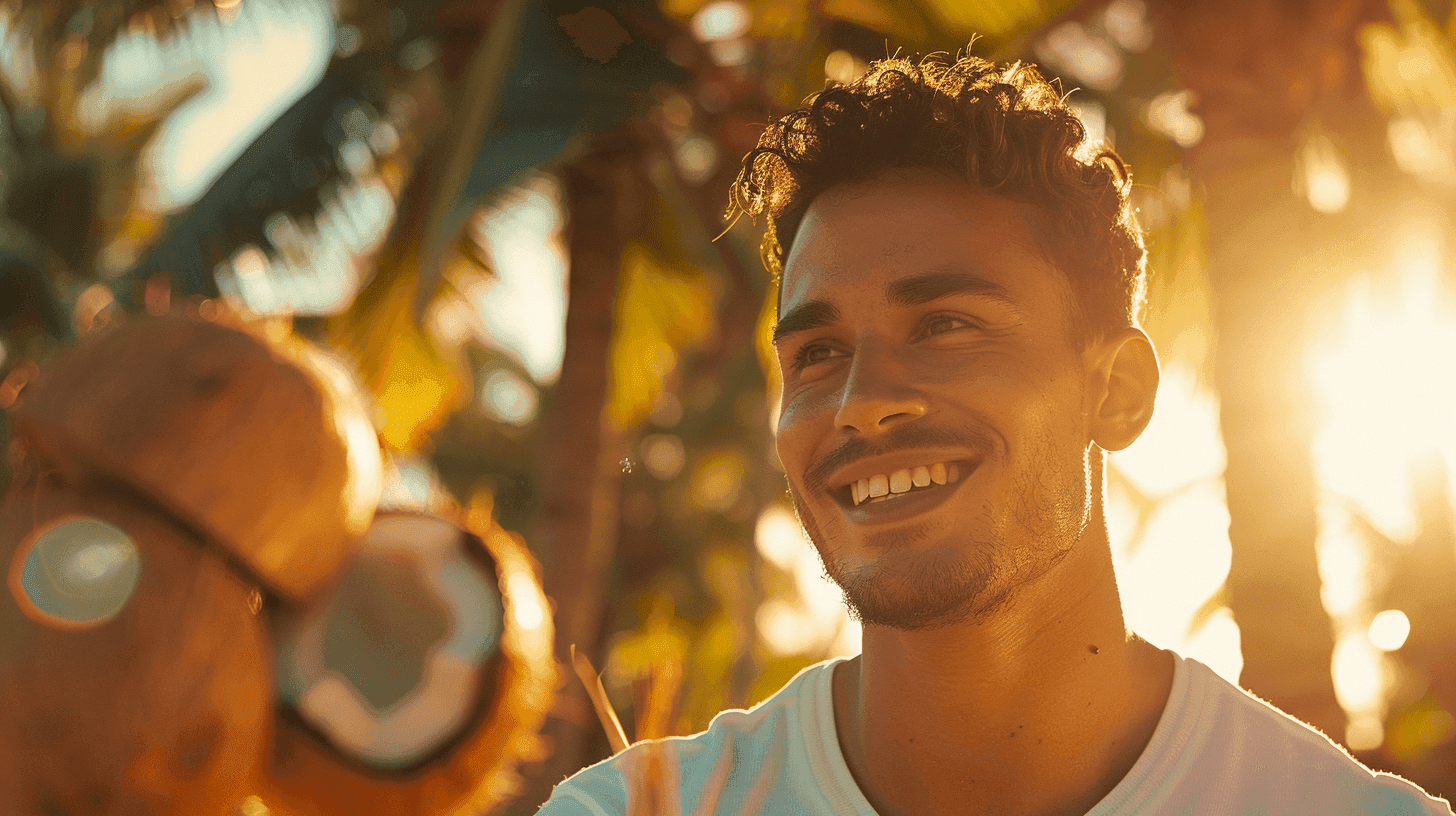 Homme souriant en contre-jour devant des cocotiers
