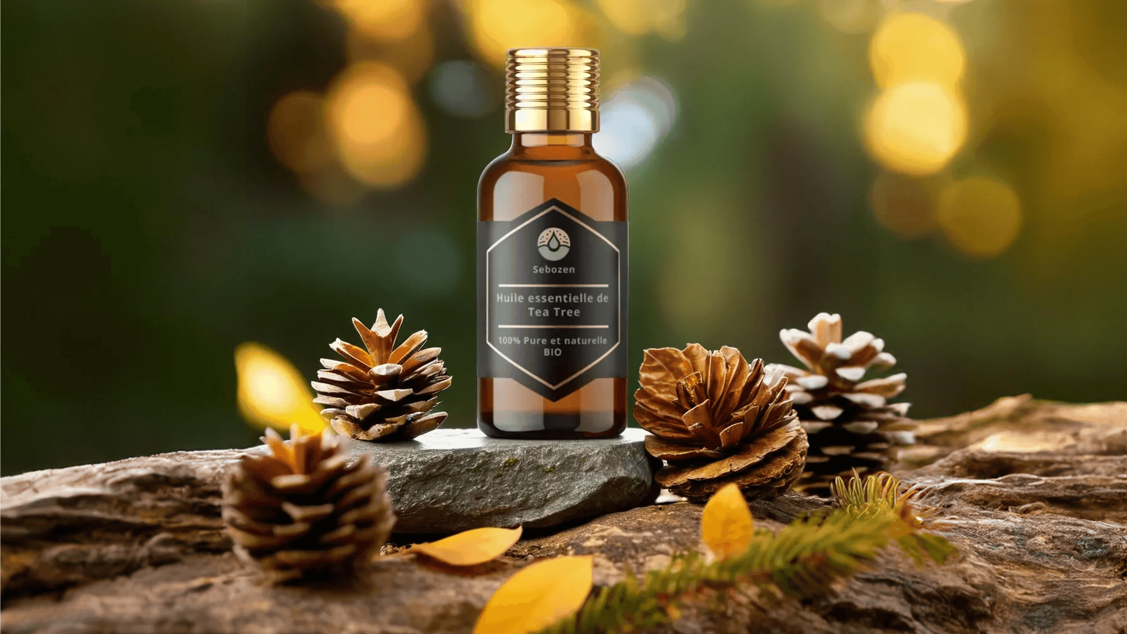 Flacon d'huile essentielle de tea tree Sebozen et feuilles de Melaleuca
