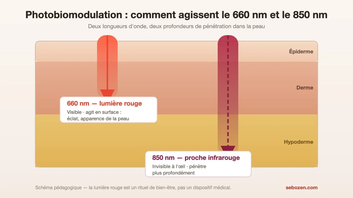 Schéma de pénétration de la lumière rouge 660 nm et du proche infrarouge 850 nm dans la peau