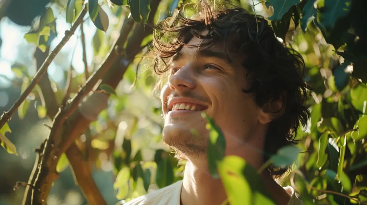 Homme souriant, chevelure dense