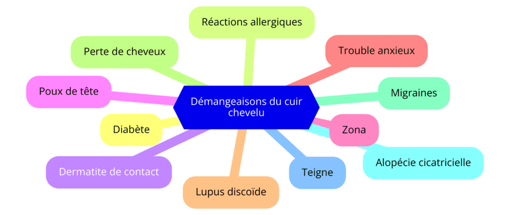 Causes potentielles des démangeaisons du cuir chevelu : Un diagramme en mindmap détaillant diverses causes telles que le diabète, les réactions allergiques, la dermatite de contact, les poux de tête, le zona, le trouble anxieux, le lupus discoïde, la perte de cheveux, les migraines, l'alopécie cicatricielle et la teigne (tinea capitis). Permet de savoir pourquoi le cuir chevelu gratte