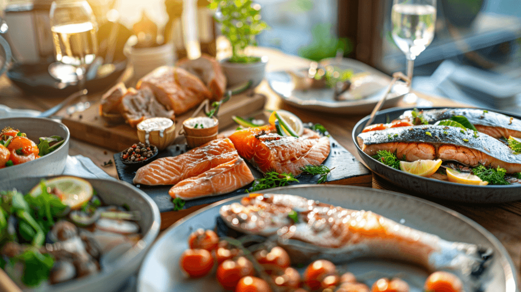 des poissons gras riches en vitamine d comme le saumon, le maquereau . La vitamine D permet de soigner la dermite séborrhéique