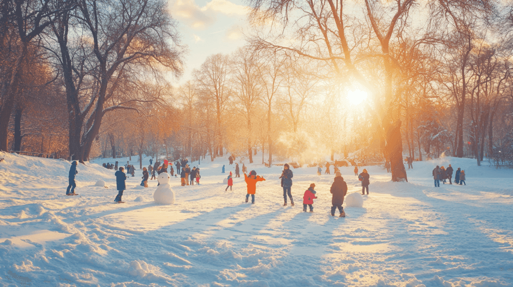 un parc enneigé avec des enfants qui jouent