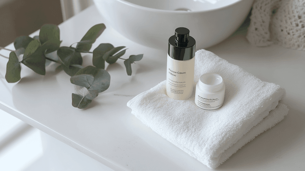 une serviette avec deux produits cosmétique posé dessus pour illustrer une routine cosmétique minimaliste