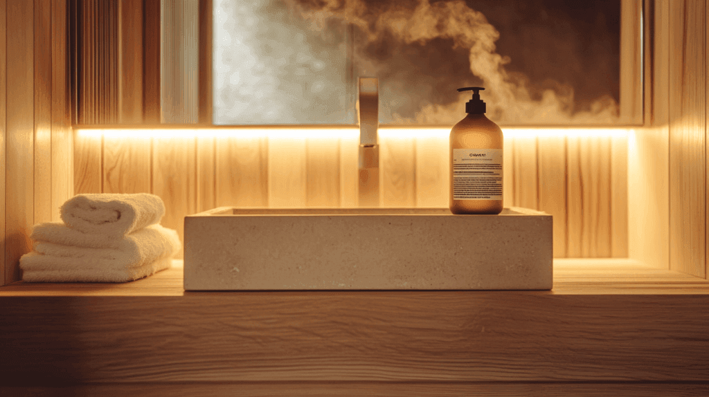 un shampoing doux naturel au bord d'un évier en bois