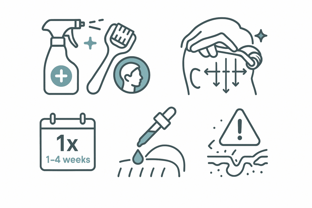 Guide visuel en 5 étapes (infographie) : comment utiliser votre dermaroller cheveux. Couvre hygiène, technique, fréquence, soins post et précautions.
