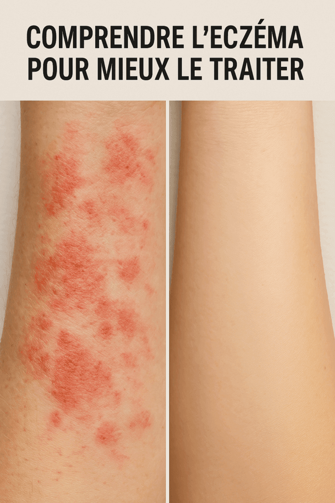 Un avant après de bras avec de l’eczéma . avant le bras a des plaques rouges, après il a une peau saine.