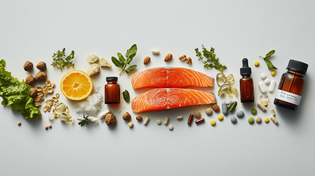une table avec des compléments alimentaires pour l'eczéma dessus ainsi que du saumon et une orange.
