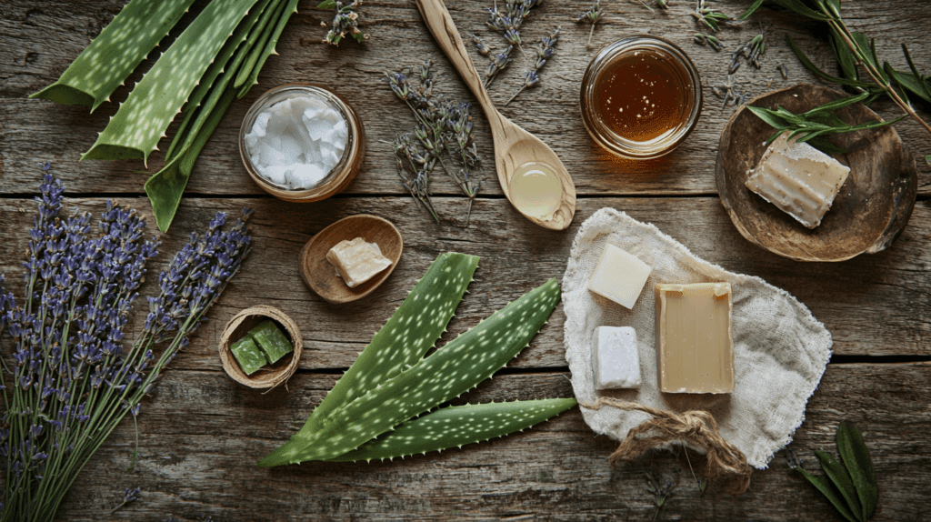 une table en bois avec des exfoliants naturels.