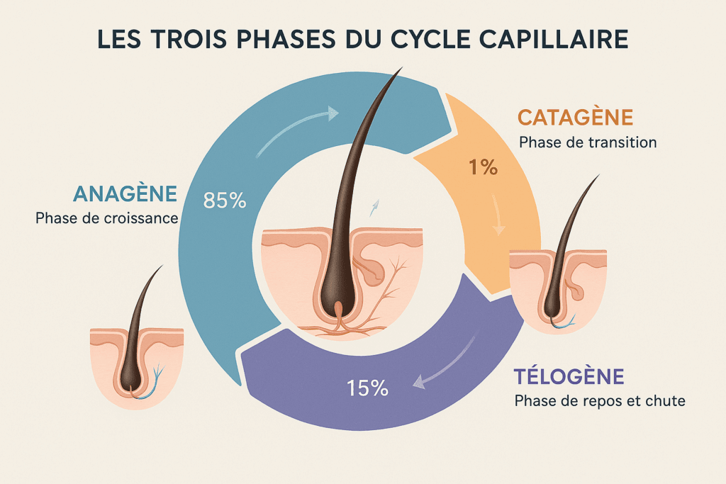 une infographie avec les 3 phases capillaires, c'est un diagramme en cercle qui montre la répartition des phases capillaires dans le temps