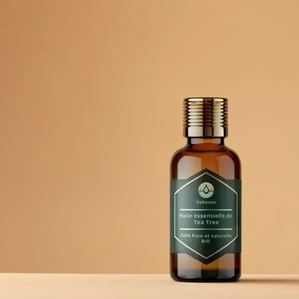 une bouteille d'huile essentielle de tea tree sebozen qui permet de combattre la dermite séborrhéique, la rosacée et l'acné