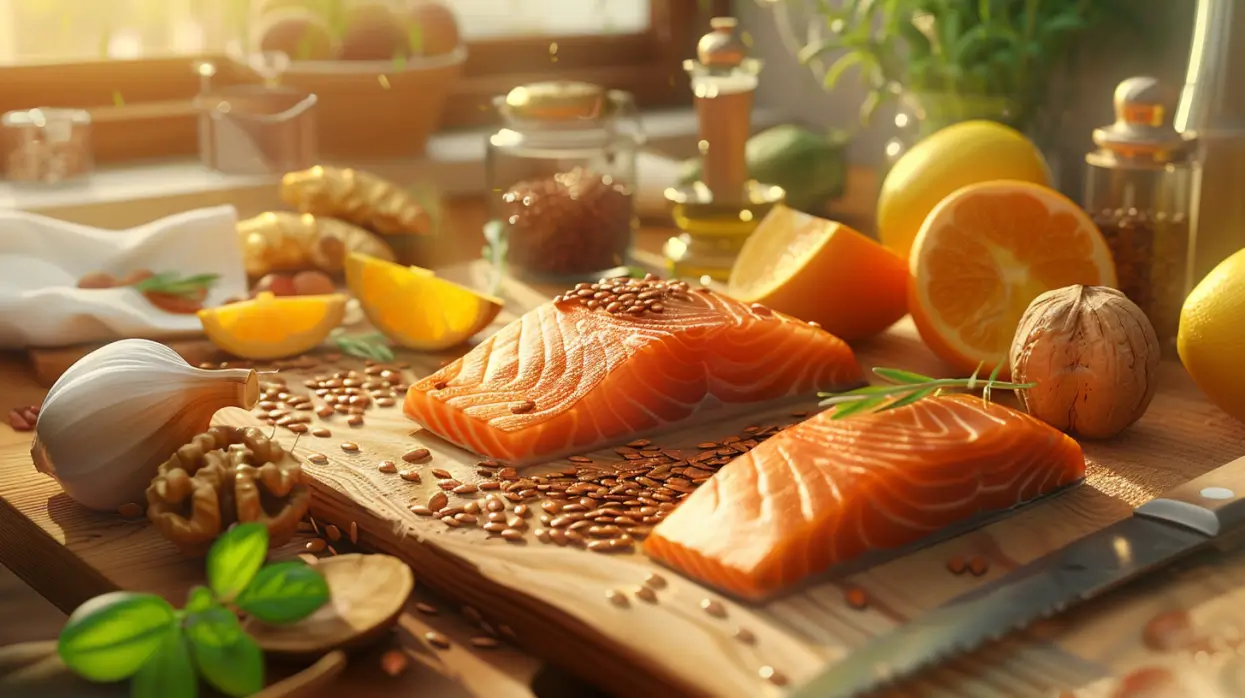 image qui montre l'Alimentation Anti Acné avec les Aliments à Éviter et à Favoriser sur une table