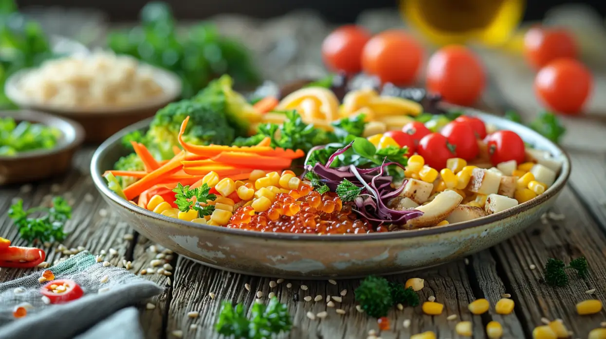 Assiette d'aliments anti-inflammatoires comprenant des légumes frais, des baies, des noix, des poissons gras et des épices comme le curcuma et le gingembre.