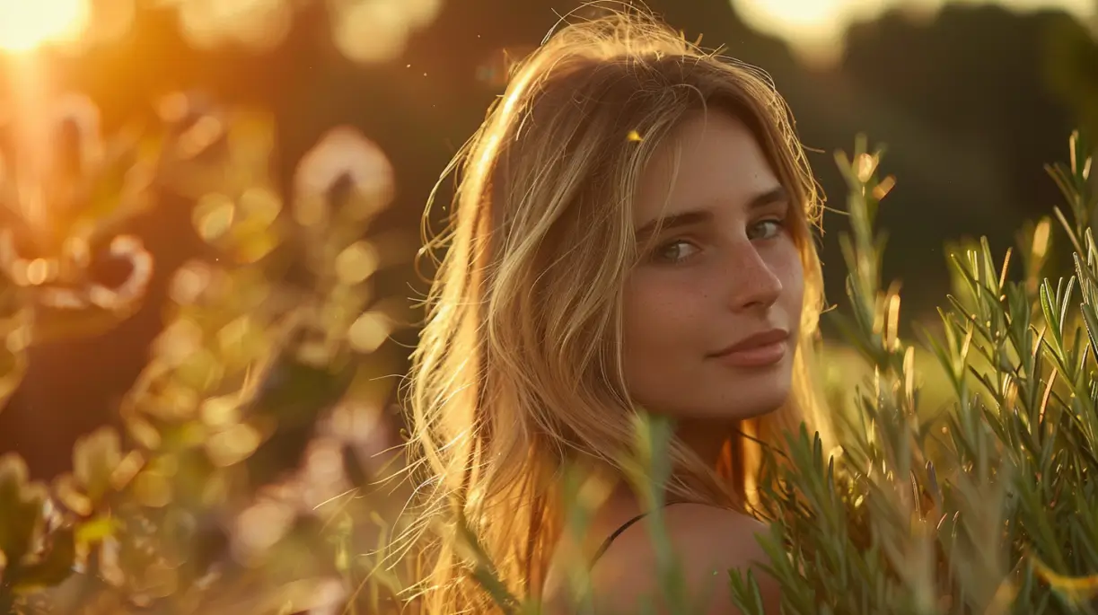 une femme avec de beau cheveux qui utilise de l'huile essentielle de romarin dans un champs de romarin