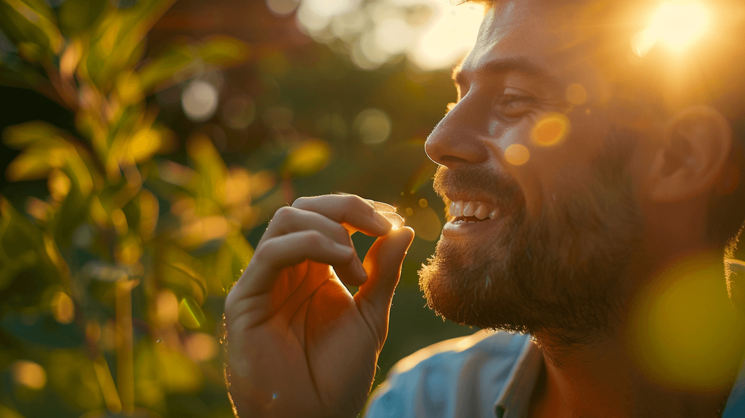 Un homme qui prend une gelule de vitamine D sebozen pour sa dermite séborrhéique
