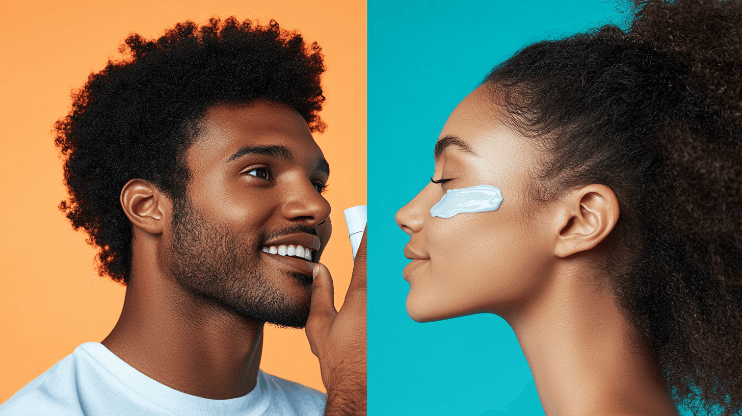 une homme et une femme souffrant de dermite séborrhéique qui hydratent leurs peau avec des produits adaptés qui ne nourrissent pas la malassezia