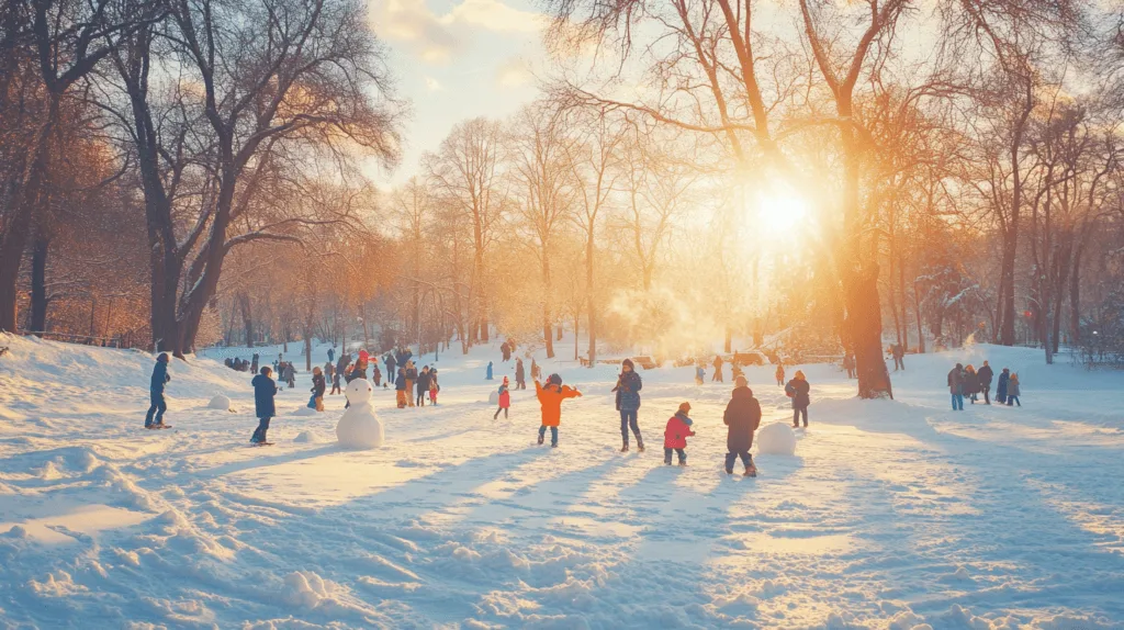 un parc enneigé avec des enfants qui jouent