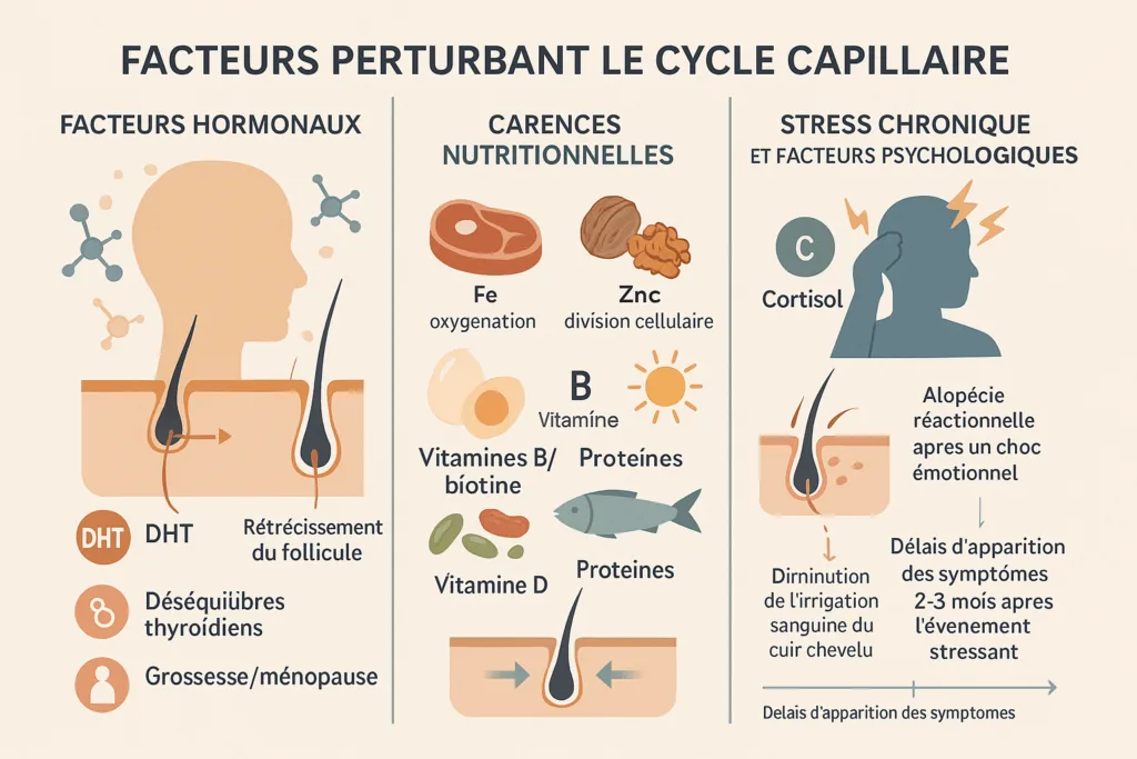 Infographie illustrant les facteurs perturbant le cycle capillaire : déséquilibres hormonaux (DHT, thyroïde, grossesse), carences nutritionnelles (fer, zinc, vitamines B et D, protéines), et stress chronique avec élévation du cortisol provoquant une chute de cheveux différée.
