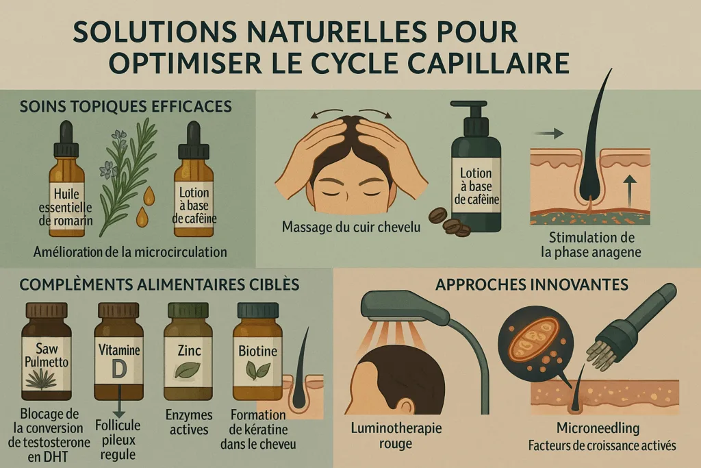 Infographie présentant des solutions naturelles pour optimiser le cycle capillaire : soins topiques comme l'huile essentielle de romarin et la lotion à la caféine, massage du cuir chevelu, compléments alimentaires ciblés (Saw Palmetto, vitamine D, zinc, biotine), et approches innovantes comme la luminothérapie rouge et le microneedling.