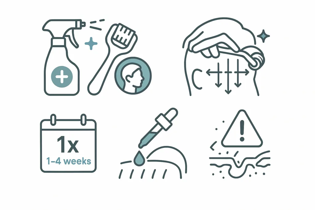 Guide visuel en 5 étapes (infographie) : comment utiliser votre dermaroller cheveux. Couvre hygiène, technique, fréquence, soins post et précautions.