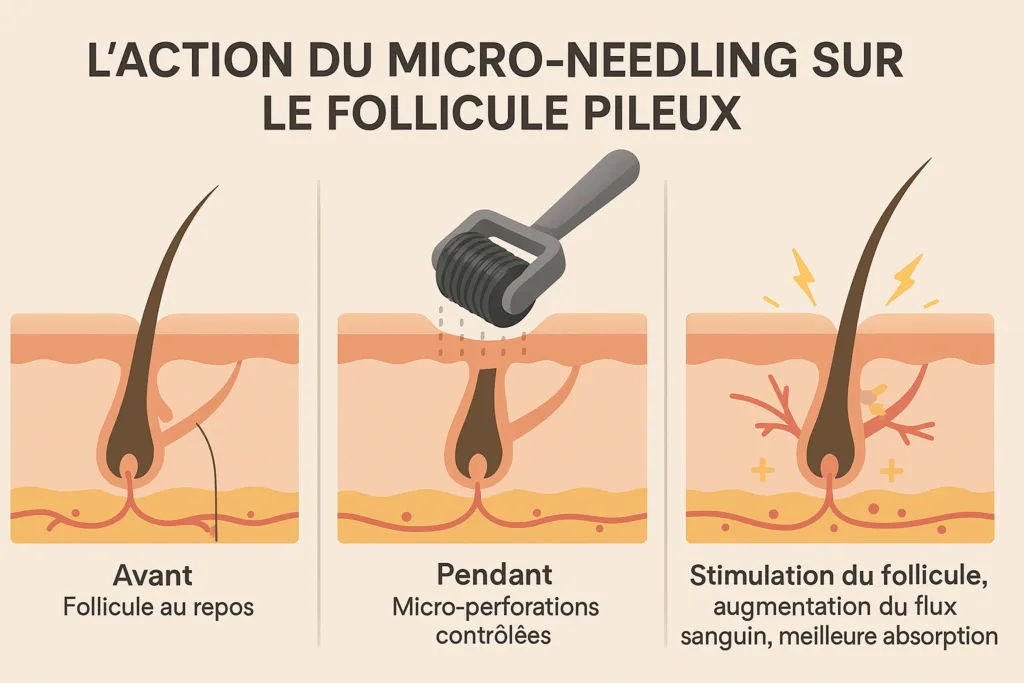 Infographie expliquant le mécanisme du dermaroller cheveux : comment le micro-needling stimule le follicule pileux, le flux sanguin et l'absorption des soins.