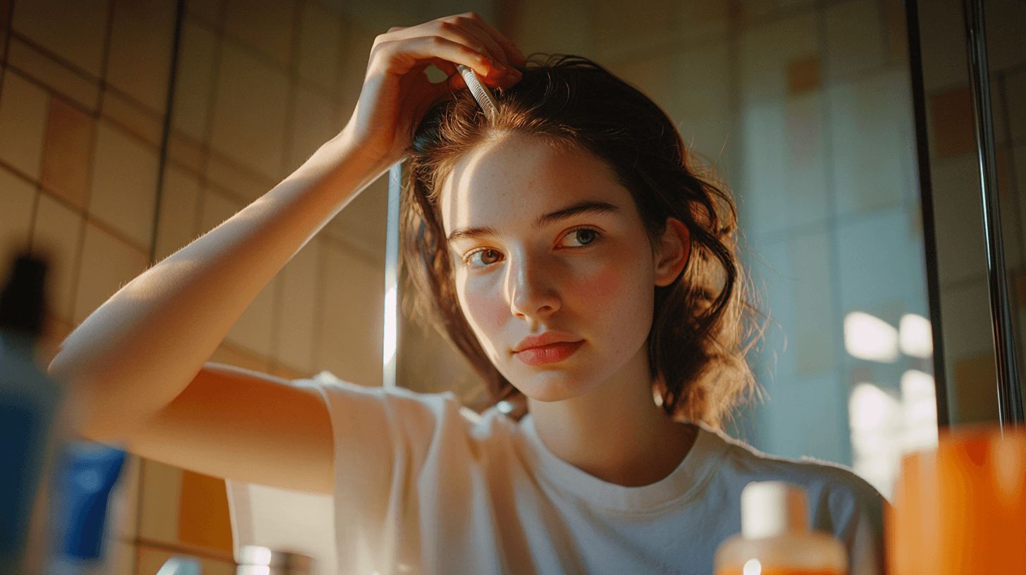 une femme qui passe un dermaroller dans ses cheveux