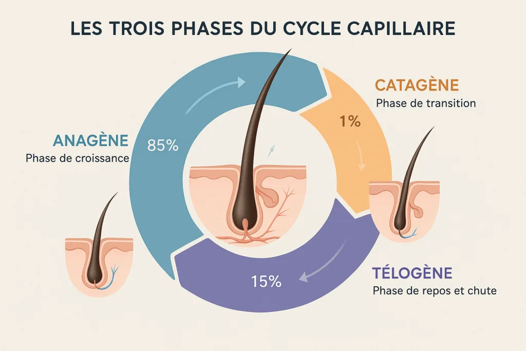 une infographie avec les 3 phases capillaires, c'est un diagramme en cercle qui montre la répartition des phases capillaires dans le temps