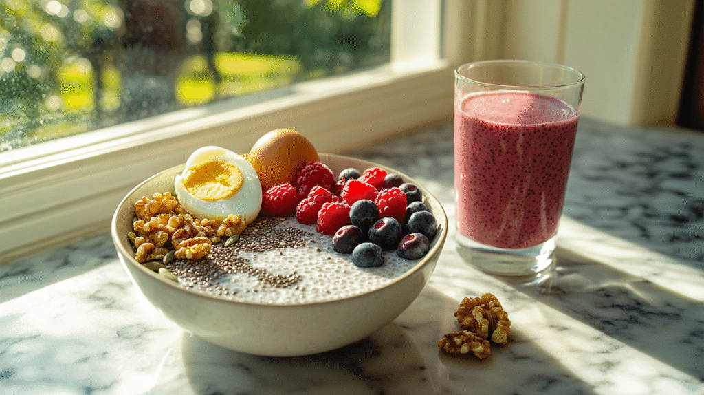 un bol de graine de chia, framboise et myrtille avec un œuf et un smoothie