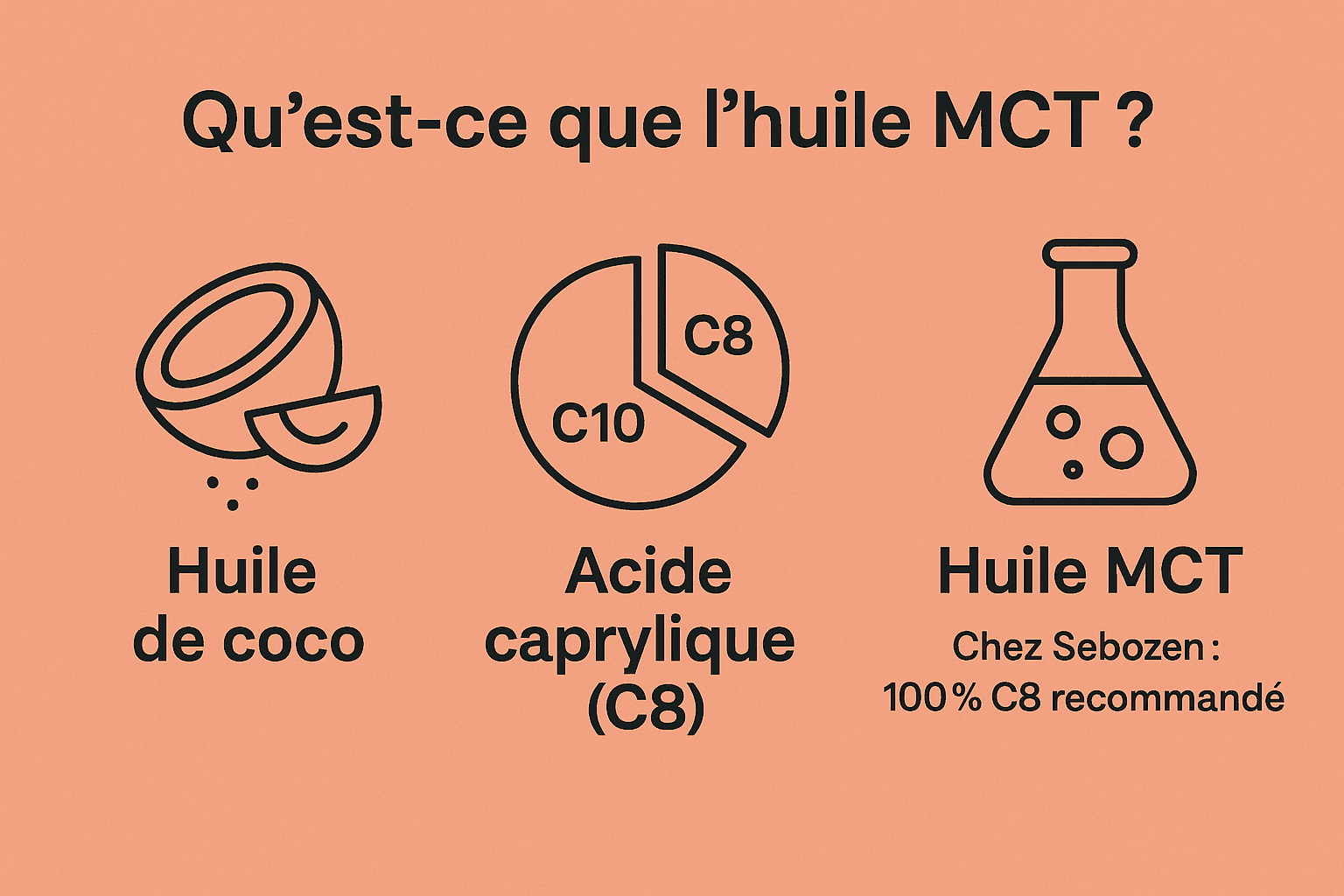 infographie explicative de l'huile MCT C8, composition, origine et recommandations Sebozen