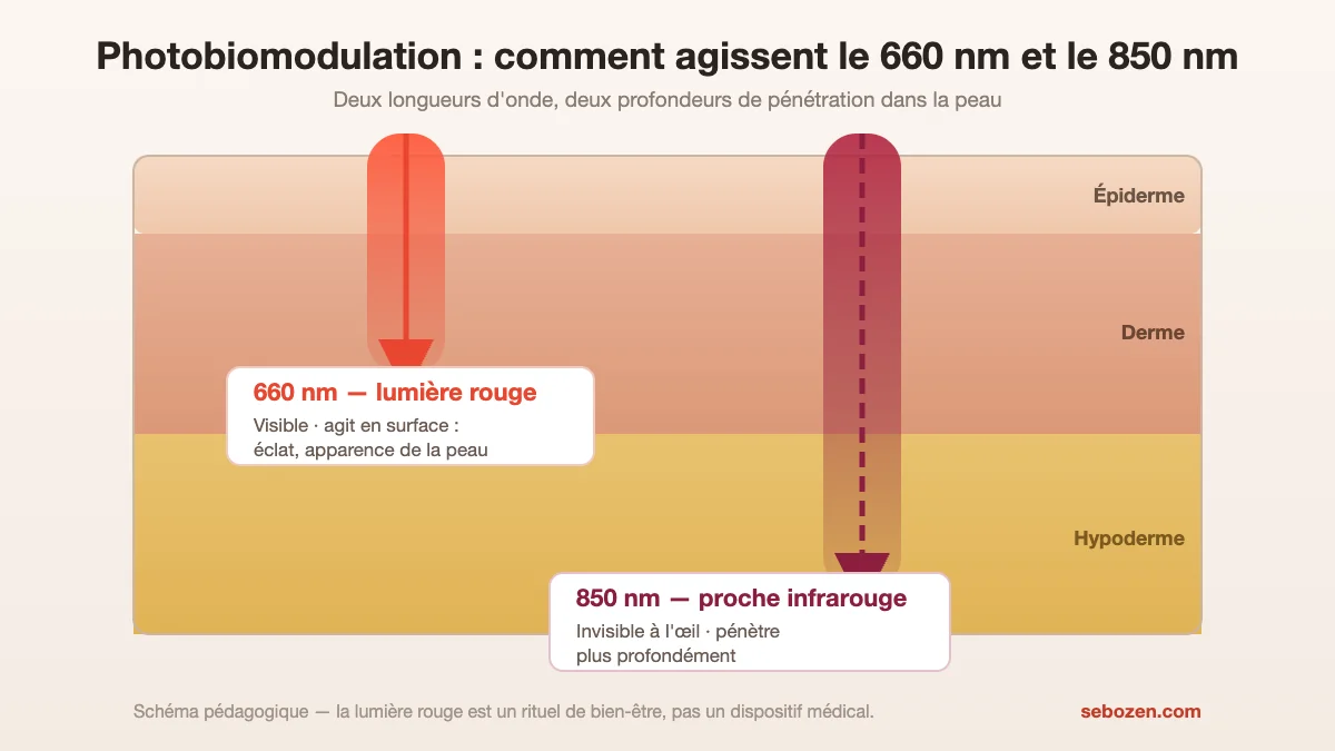 Schéma pénétration lumière rouge 660 nm et proche infrarouge 850 nm dans la peau